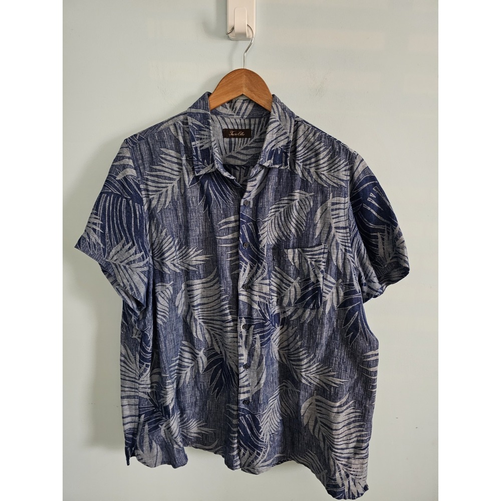 Tasso Elba Island Shirt Mens XL Blue Silk Linen Hawaiian Palm Print Camp